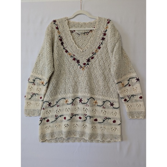 Vintage Express Tricot Hand Knitted Embroidered Floral Sweater Tunic Size Large - Picture 1 of 7